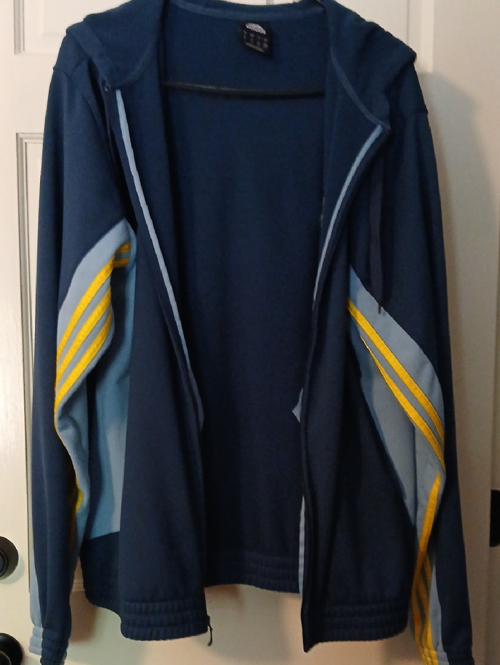 Adidas Navy Blue Fleece Hooded Jacket with Light Blue Trim And Yellow Strips